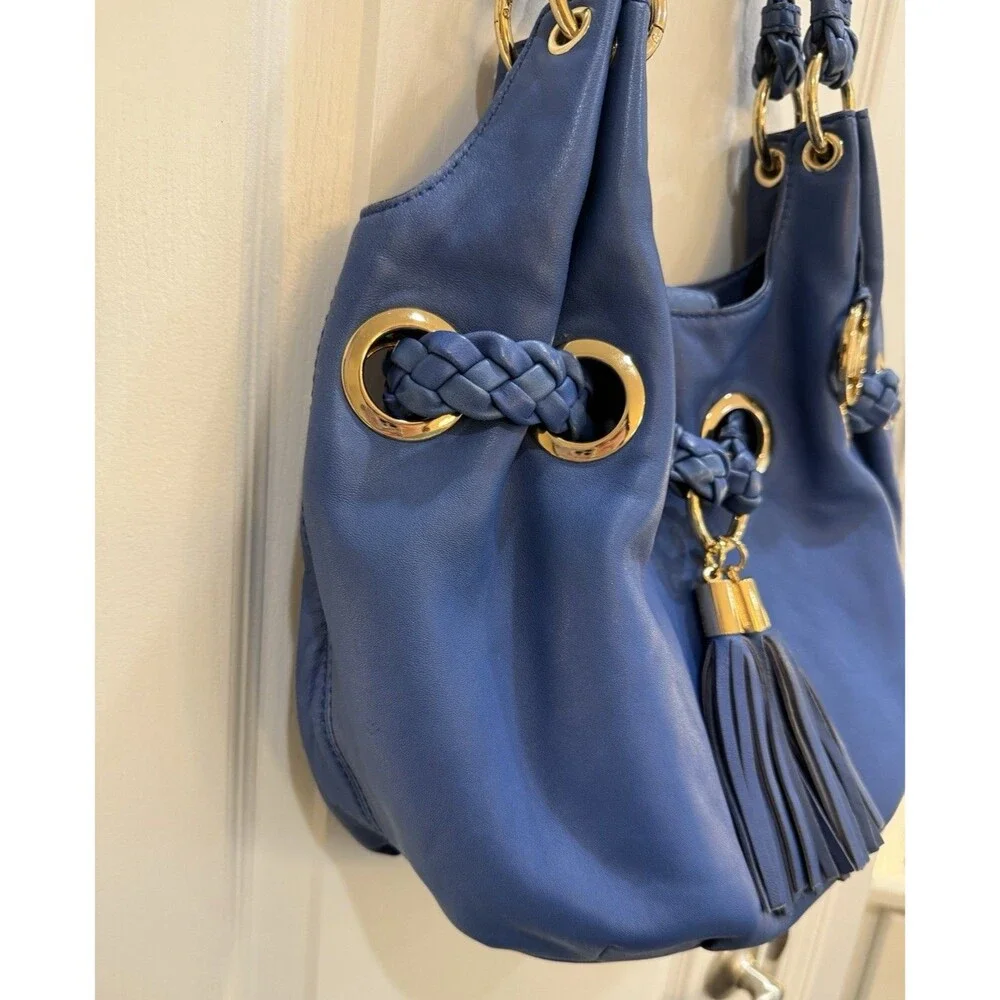 Michael Kors Shoulder Bag Braided Handle Tassel Gold Hardware Logo Charm Blue
